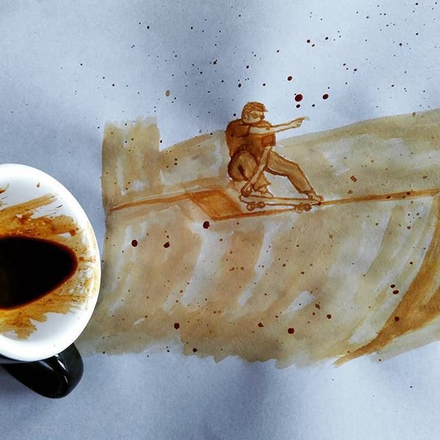 滑板插画艺术家之用咖啡作画的艺术家alvinflip