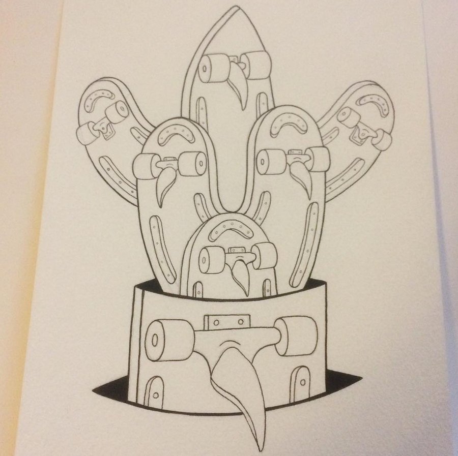 这是他给 cardiff 滑板设计的道具插画